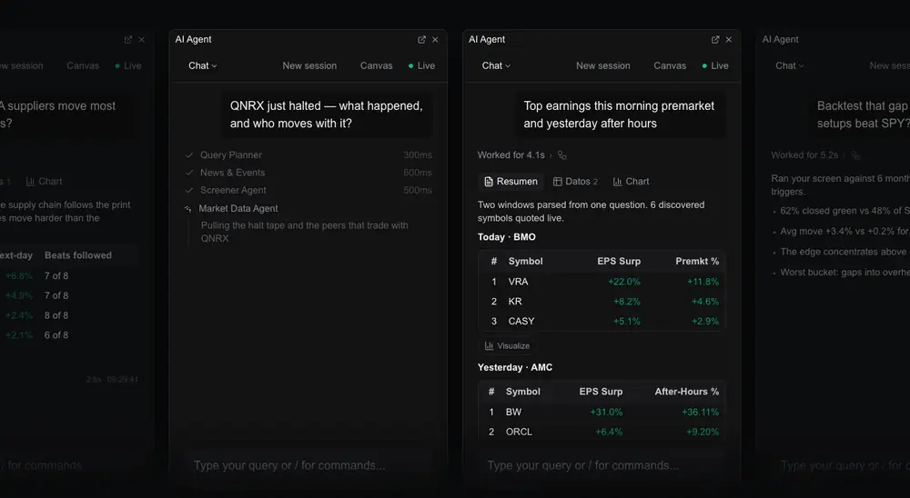 Captura del terminal Tradeul: AI AGENTS / INVESTIGACIÓN