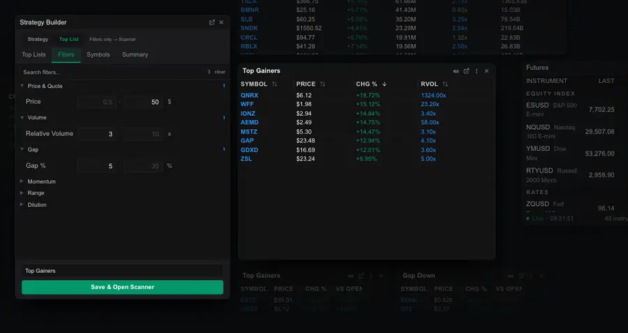 Captura del terminal Tradeul: BUILD / TUS CRITERIOS